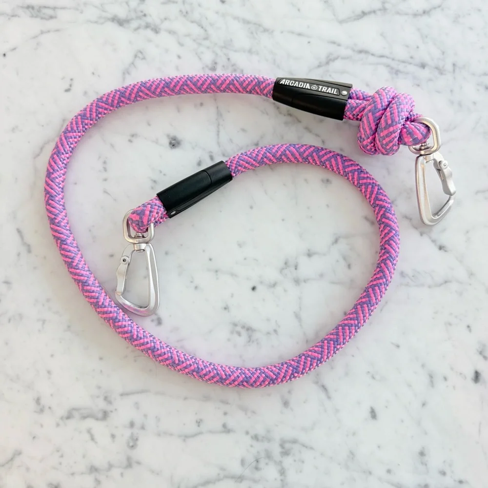 Arcadia Trail rope dog harness and leash in pink and purple